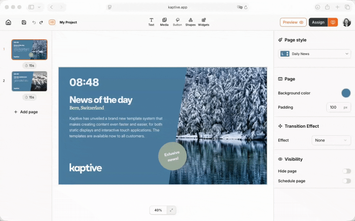 create content for your screens using the Kaptive Editor